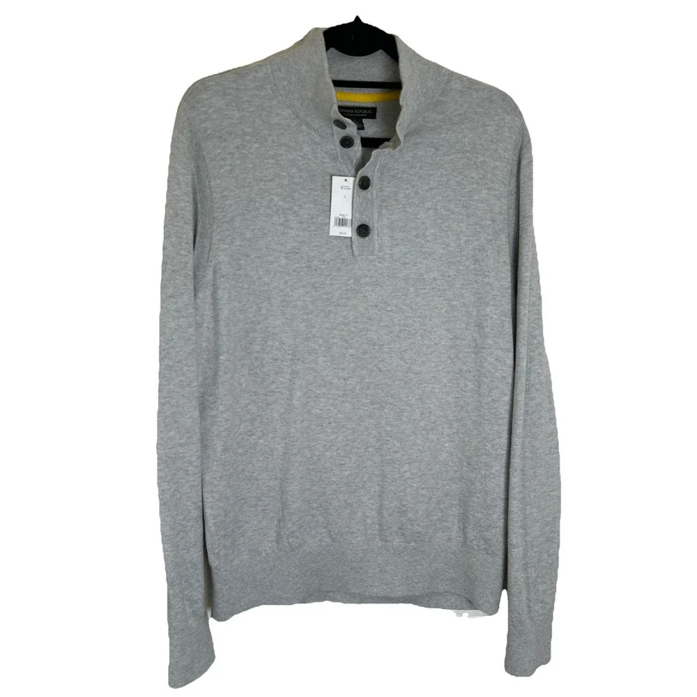 Banana Republic Cotton Cashmere Gray Knit Quarter Button‎ MockNeck Sweater L NWT